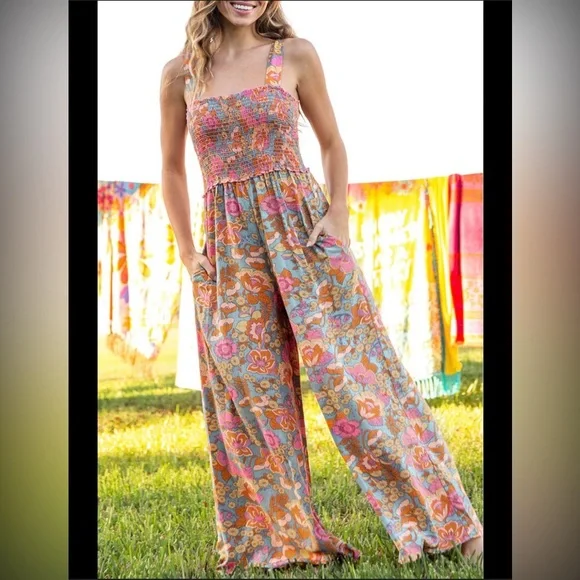 Natural Life Floral Wide-Leg Jumpsuit with Smocked Bodice Boho Vibes Size Medium - Picture 1 of 9